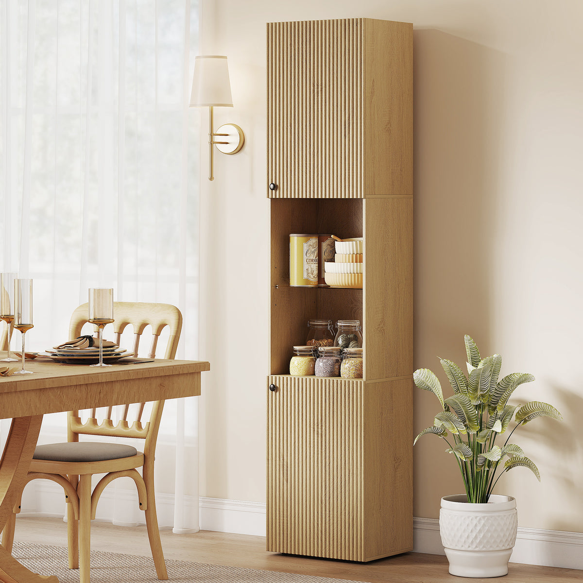 Armoire salle de bain haute, meuble de rangement colonne 6 niveaux 2 portes et étagères réglables, 40x31x182cm, chêne-8