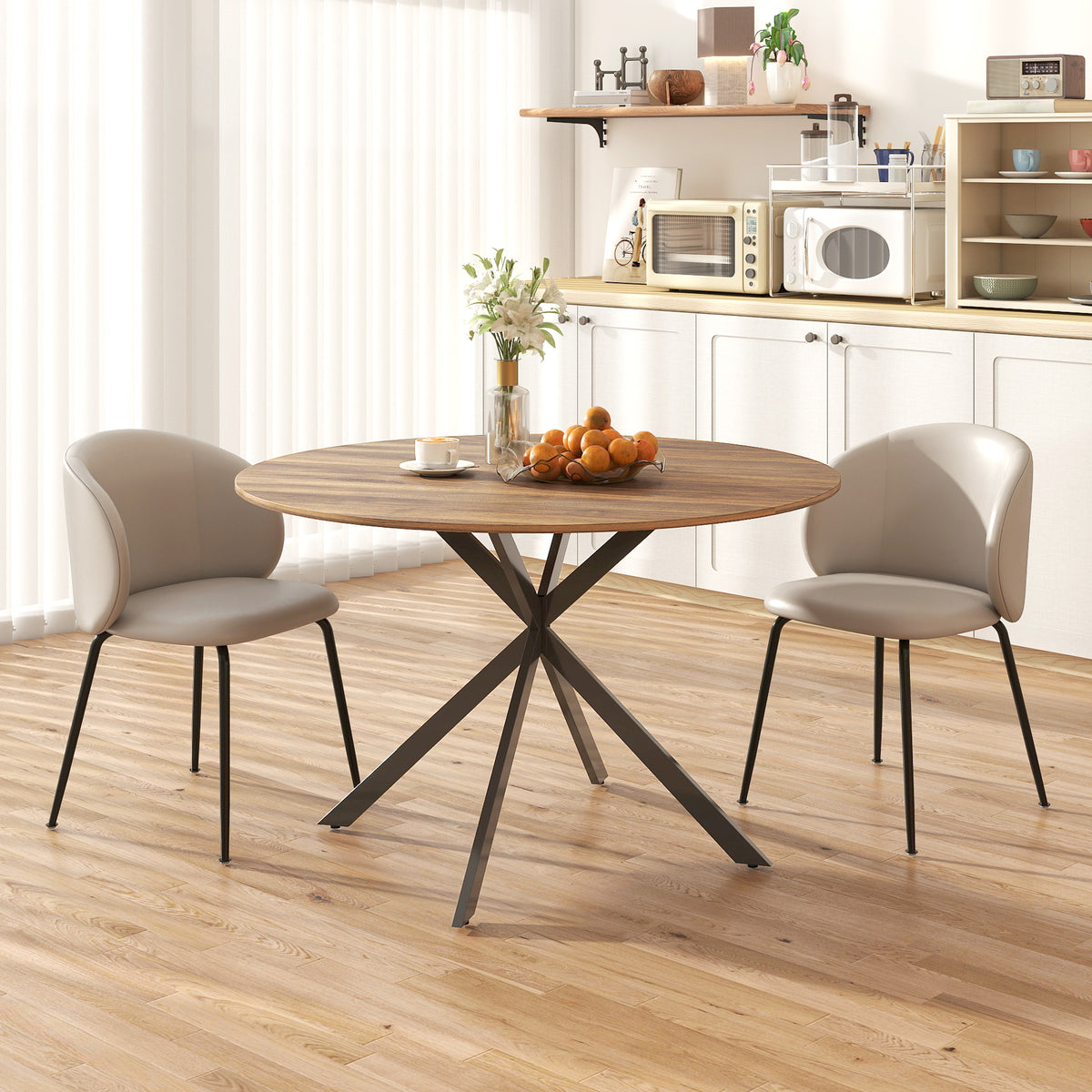Table à manger ronde pour 4 personnes 120 cm style industriel avec plateau aspect bois, piètement croisé en acier, marron-6