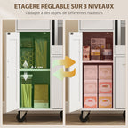 Desserte cuisine à roulettes, meuble micro onde, plateau coulissant, tiroir, placards 3 portes, 80x40x88,7cm, blanc-4