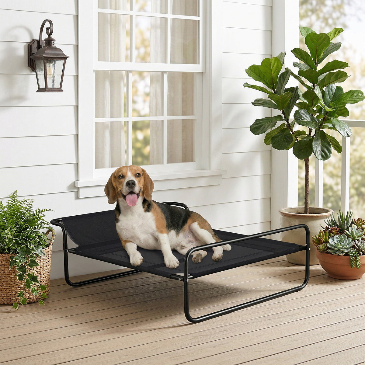 Lit surélevé pour chiens animaux de compagnie avec appui-tête tissu micro-perforé 91 x 69 x 29 cm noir-1