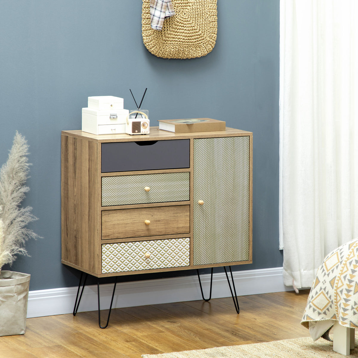 Meuble de rangement commode buffet 4 tiroirs 1 placard - pieds épingles à cheveux style bohème 79 x 39 x 86 cm marron-1