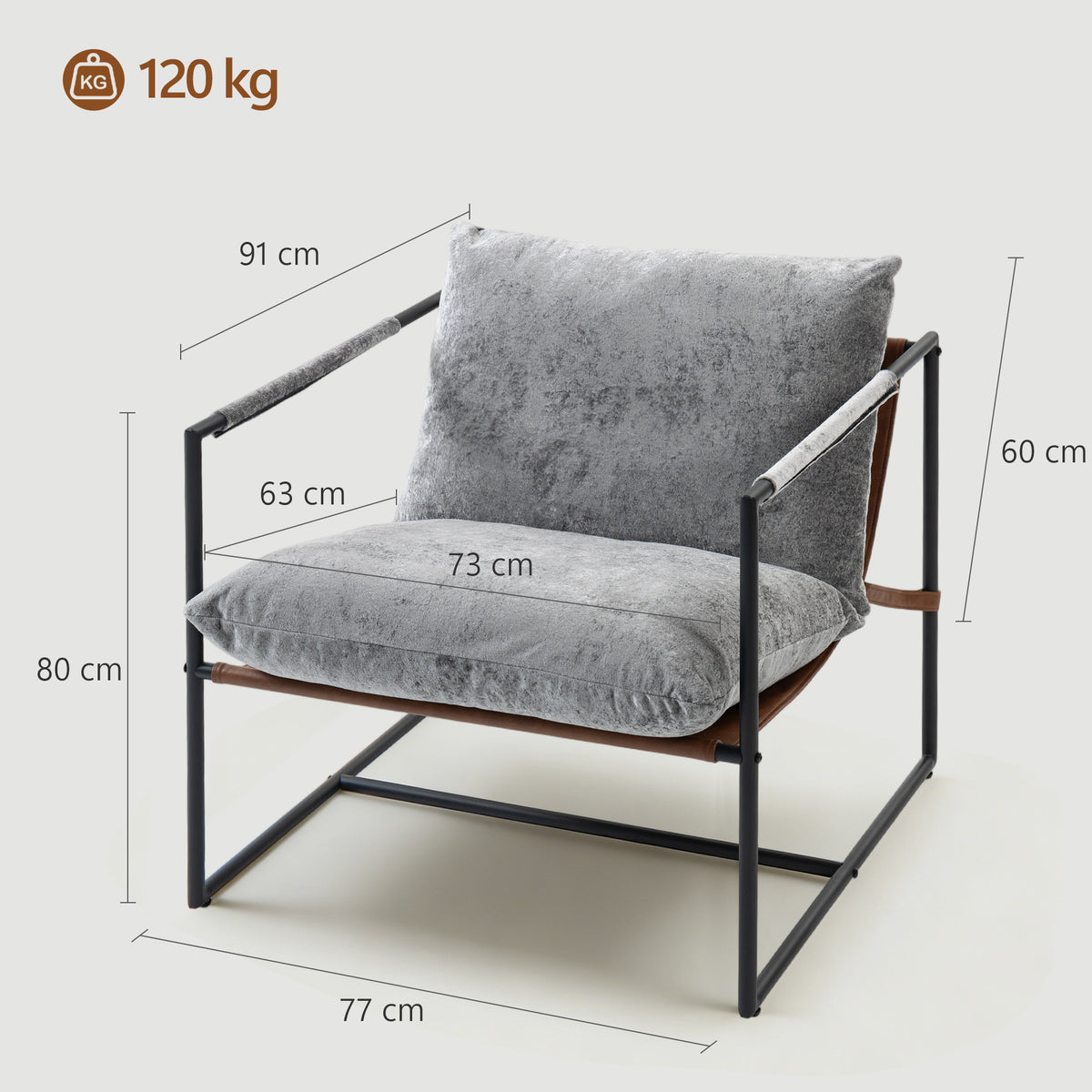 Fauteuil salon, fauteuil d'appoint rembourré en velours imprimé, large assise et structure en acier, 77x91x80cm, gris-2