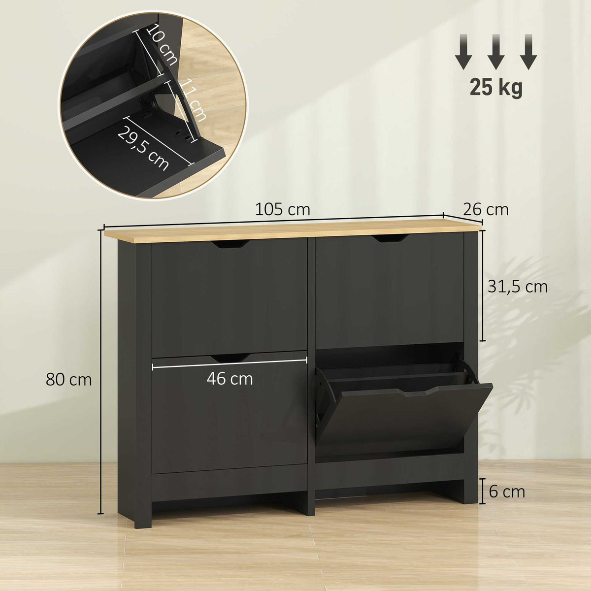 Meuble à chaussures 16 paires, armoire à chaussures avec 4 tiroirs rabattables étagères réglables, noir et bois naturel-2