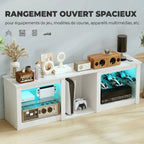 Meuble TV avec éclairage LED pour télévision jusqu'à 70 pouces, 160cm avec étagères en verre réglables, blanc-4