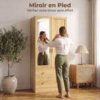 Armoire chambre penderie avec miroir, 2 portes, 2 tiroirs et barre de suspension, 80 x 50 x 180 cm, chêne-5