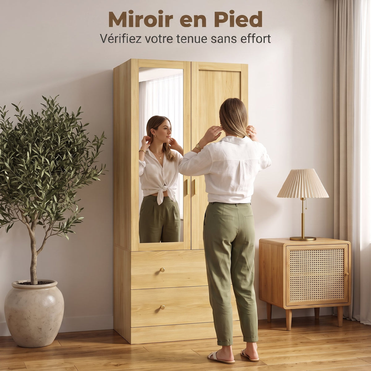 Armoire chambre penderie avec miroir, 2 portes, 2 tiroirs et barre de suspension, 80 x 50 x 180 cm, chêne-5