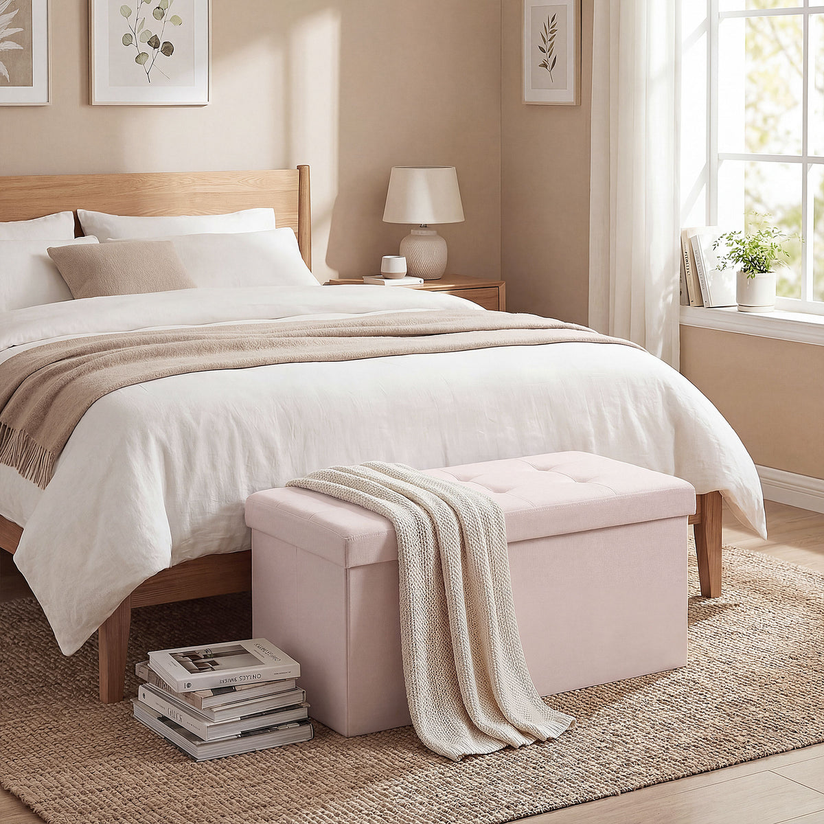 Banc de Rangement, Pouf de Rangement Pliable, Bout de Lit, Repose-Pieds avec Couvercle, 76L x 38l x 38H cm, Rose-7