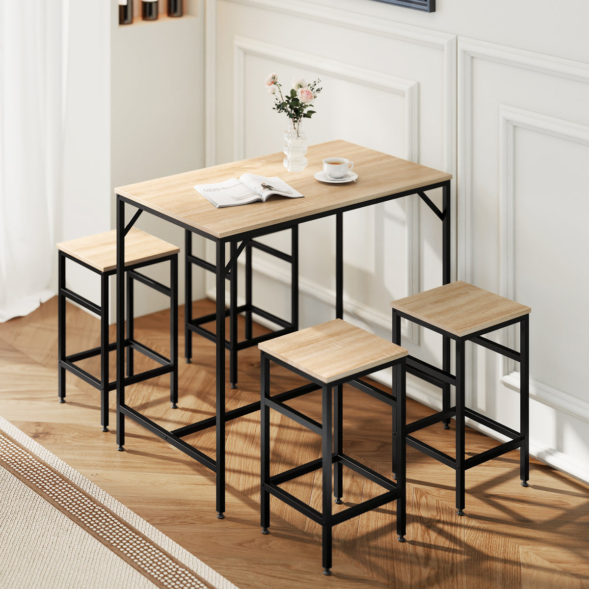 Ensemble Table de Bar Industriel + 4 tabourets Repose-Pieds en Bois couleur Chêne Clair Cadre en métal Noir-9