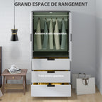 Armoire chambre penderie avec 2 portes à fermeture douce, 3 tiroirs et barre de suspension, 80x50x180cm, gris et blanc-3