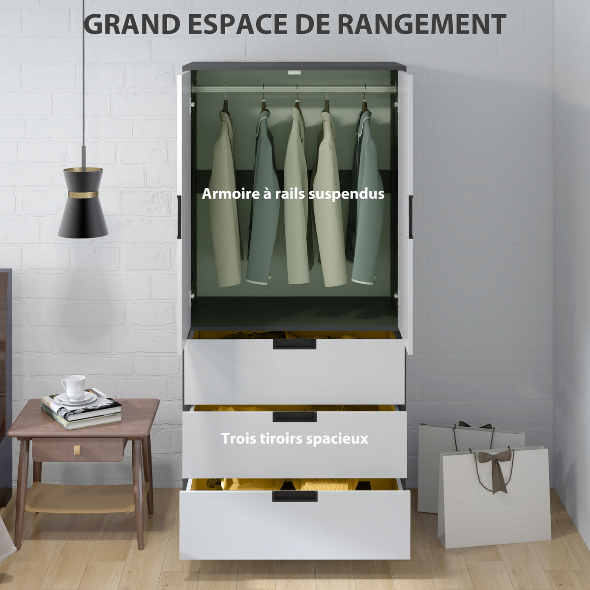 Armoire chambre penderie avec 2 portes à fermeture douce, 3 tiroirs et barre de suspension, 80x50x180cm, gris et blanc-3
