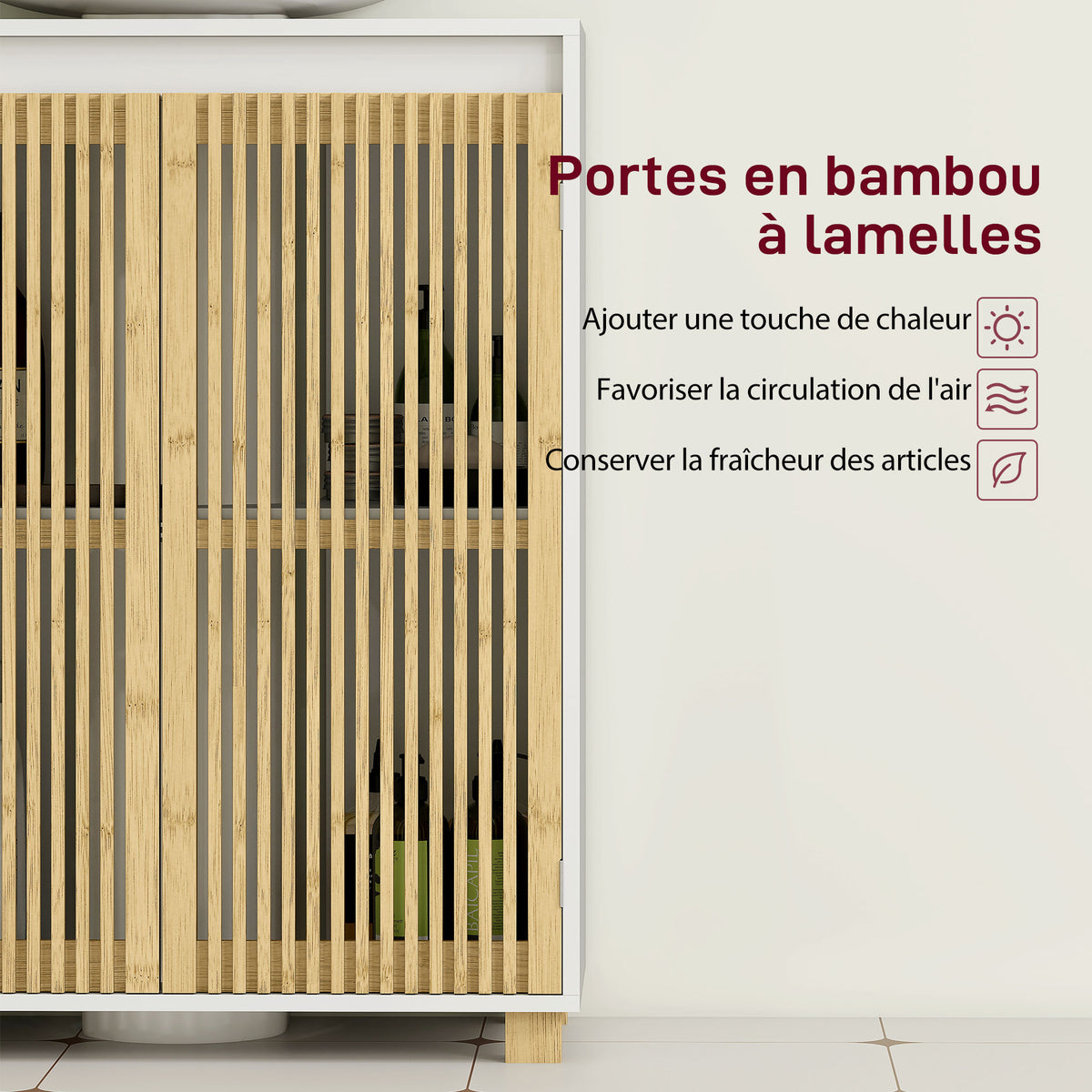 Meuble sous lavabo salle de bain - placard à portes à lattes en bambou, 60 x 30 x 75 cm, effet bois naturel-5