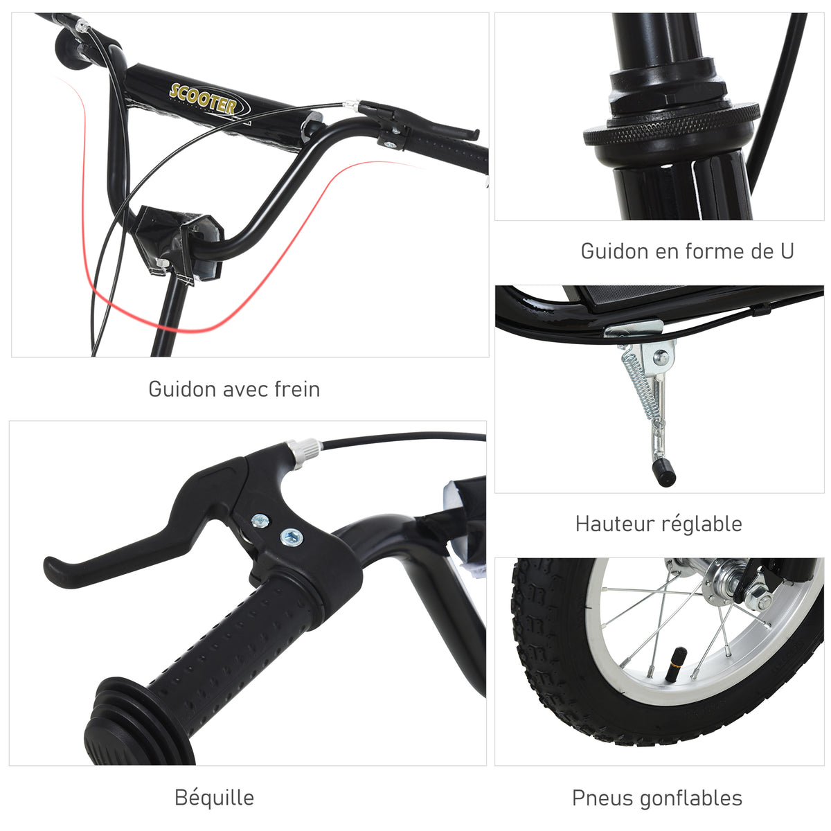 Trottinette enfants, grandes roues pneumatiques 12 pouce en caoutchouc, charge 100 kg, trottinette tout terrain avec double freins, hauteur réglable et béquille latérale, 5 à 12 ans, noir-5