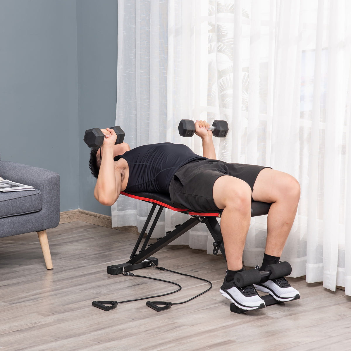 Banc de musculation pliable dossier réglable 6 niveaux assise ajutable 4 niveaux coussin 130 x 34 x 109 cm noir et rouge-1