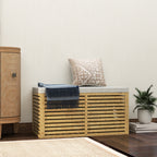 Banc de rangement, coffre de rangement rembourré en tissu aspect lin, couvercle et structure en bambou, gris et naturel-6