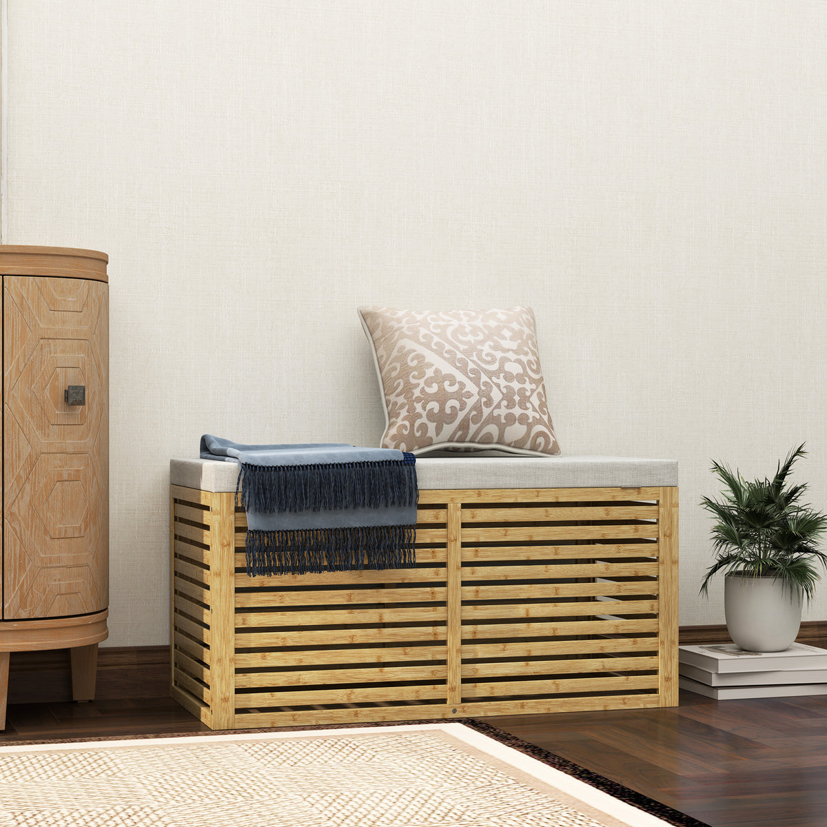 Banc de rangement, coffre de rangement rembourré en tissu aspect lin, couvercle et structure en bambou, gris et naturel-6
