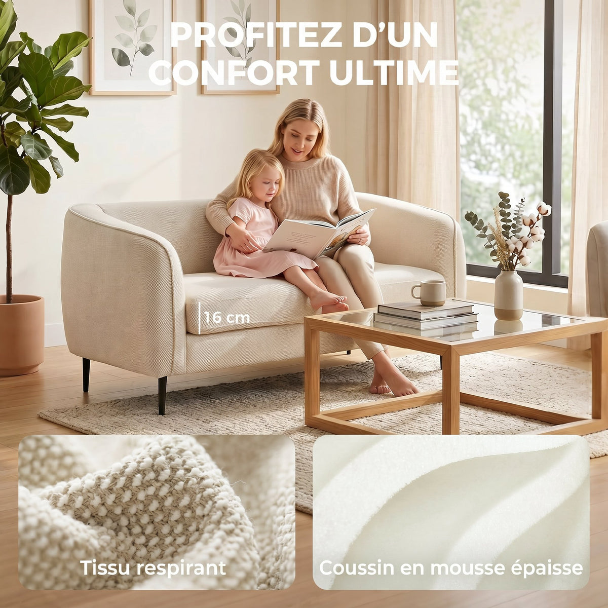Canapé 2 places en velours, canapé de salon moderne 160 cm, assise large rembourrée, coussin épais à ressorts, beige-5