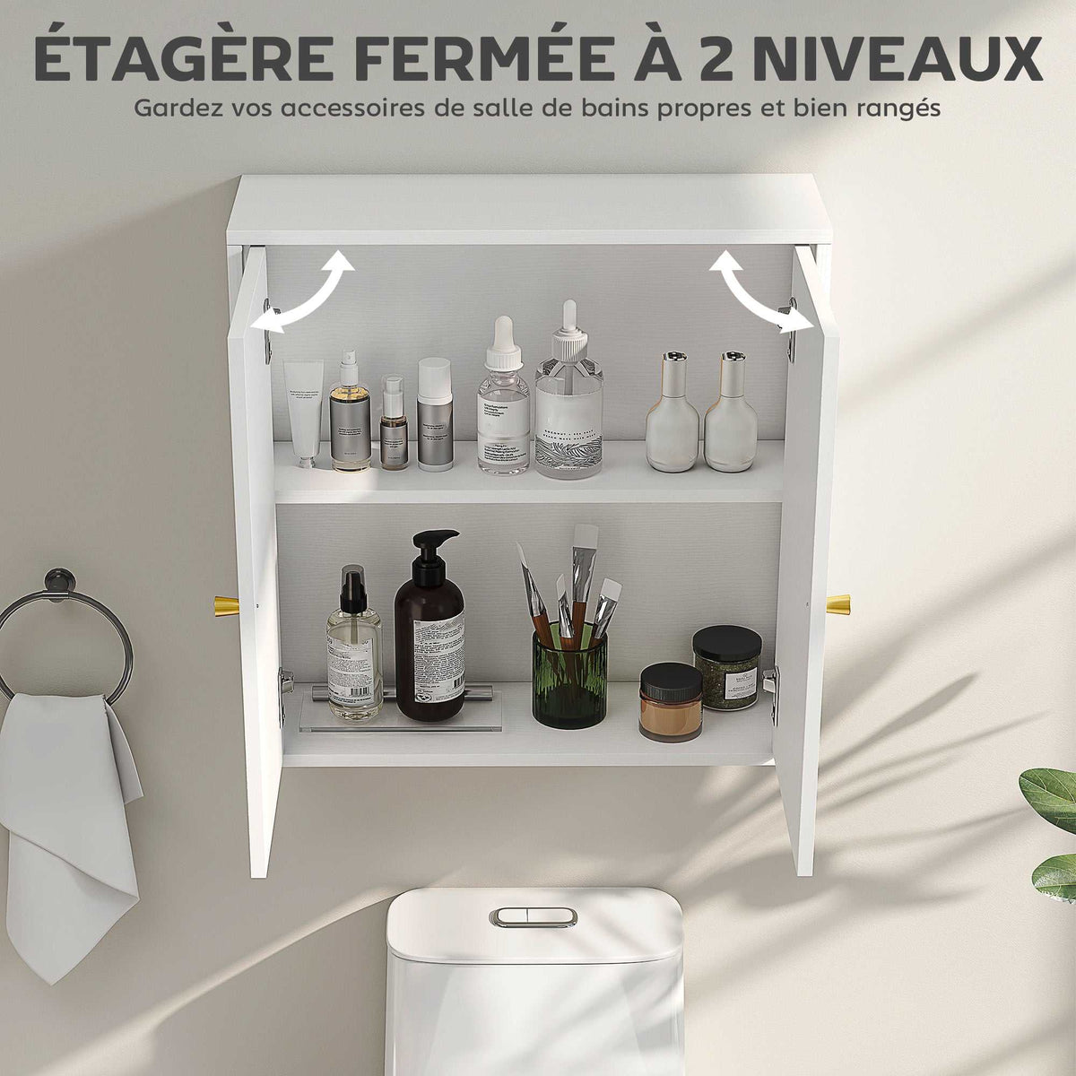 Armoire murale, meuble haut salle de bain moderne avec placard à double porte et poignées dorées, 60x20x60cm, blanc-3