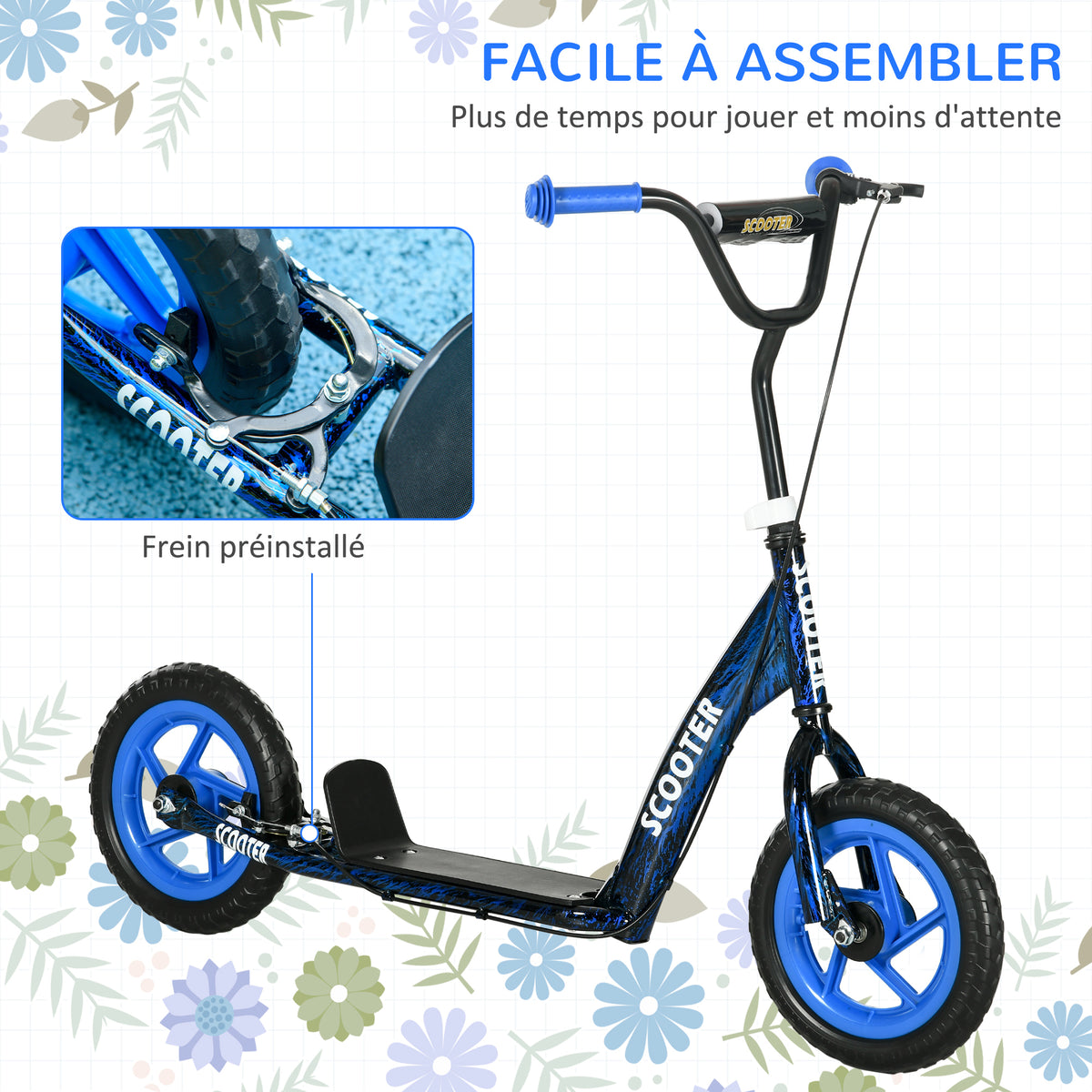 Trottinette patinette scooter enfant grandes roues de 6 à 12 ans hauteur réglable frein arrière béquille bleu-4