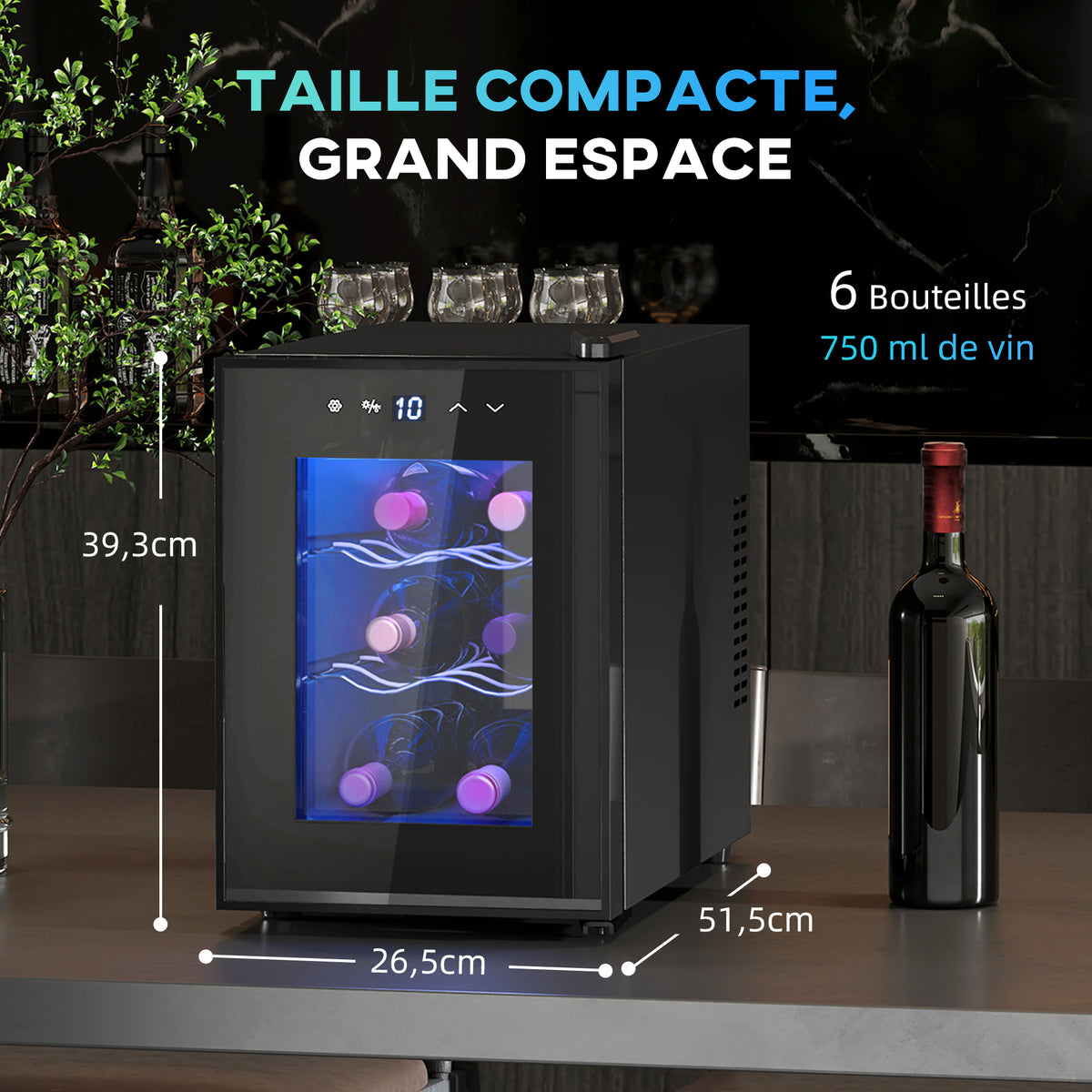 Cave à vin 6 bouteilles 17L haute performance température réglable 8-18° avec lumière LED panneau contrôle tactile noir-2