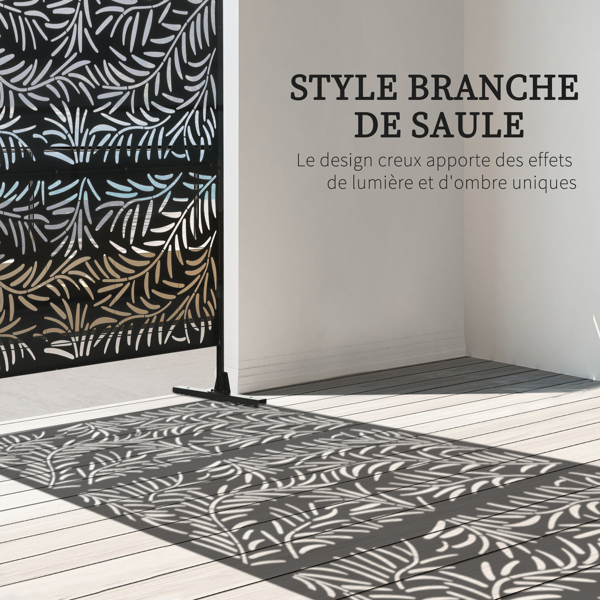 Panneau décoratif extérieur paravent extérieur en acier motifs de branches de saule découpées 122 x 45 x 198 cm noir-3