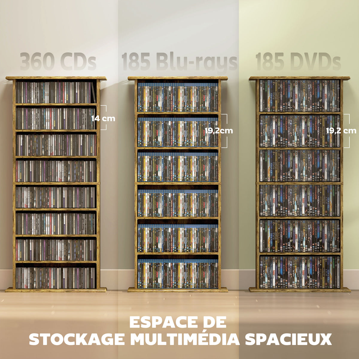 Rangements pour CD et DVD avec 8 compartiments et 6 étagères réglables, capacité max. 360 CD/185 DVD et Blu-ray, marron-3
