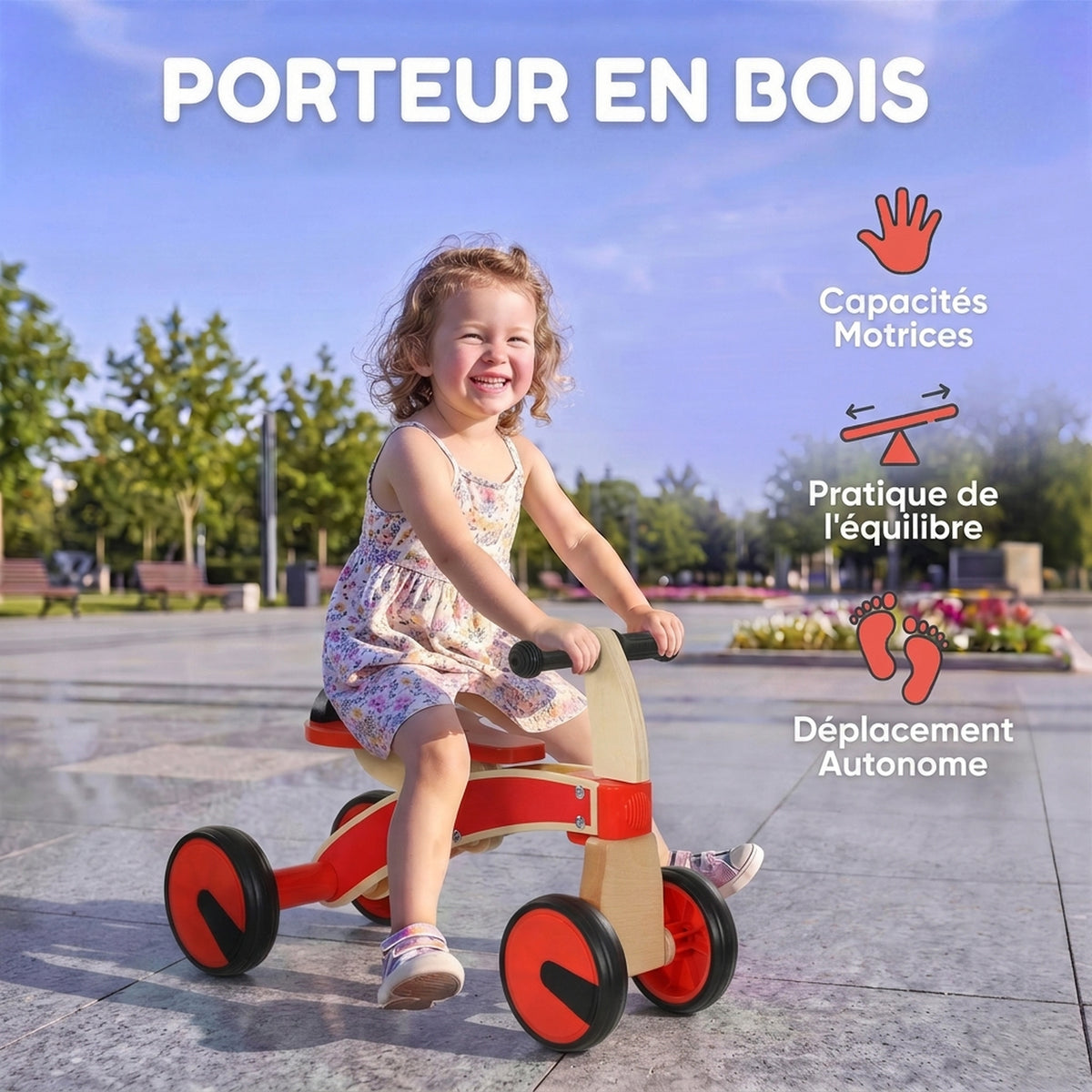 Voiture Porteur pour Enfants, Véhicule à Pousser Sans Pédales avec Roues en EVA et Dossier, 2 à 3 Ans, Rouge-3