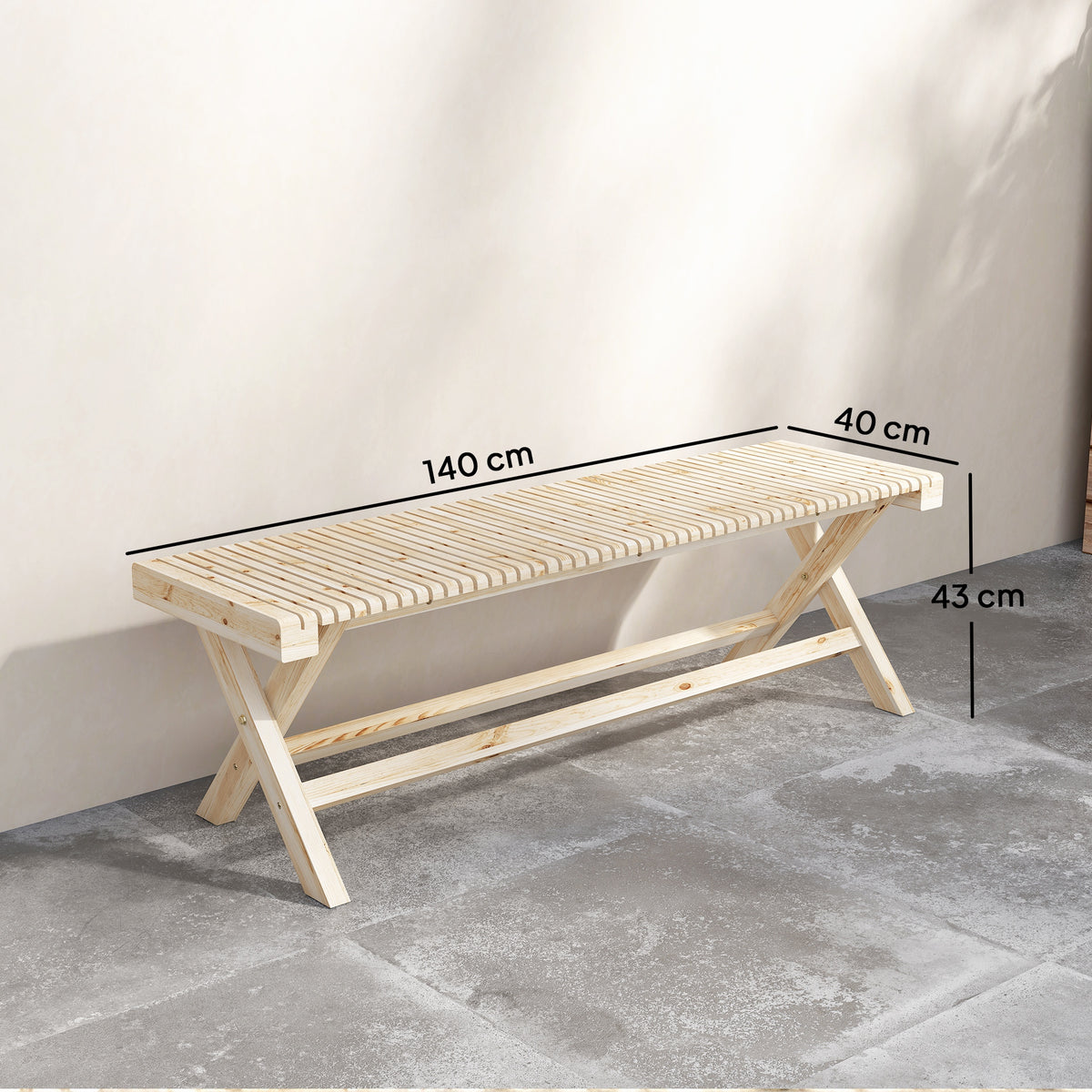 Banc de Jardin en Bois massif, Banquette de Jardin avec Assise à Lattes Effet Bois, 140 x 40 x 43 cm, Bois Naturel-2