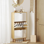 Meuble à chaussures, armoire à chaussures étroite, 3 tiroirs rabattables, porte haute brillante, 60x24x127cm, blanc-7