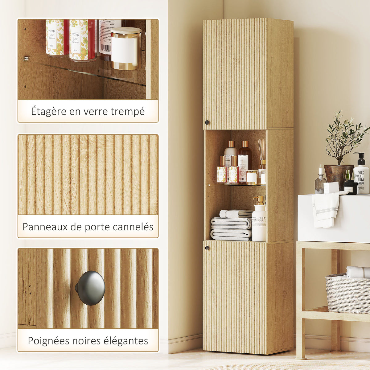 Armoire salle de bain haute, meuble de rangement colonne 6 niveaux 2 portes et étagères réglables, 40x31x182cm, chêne-6