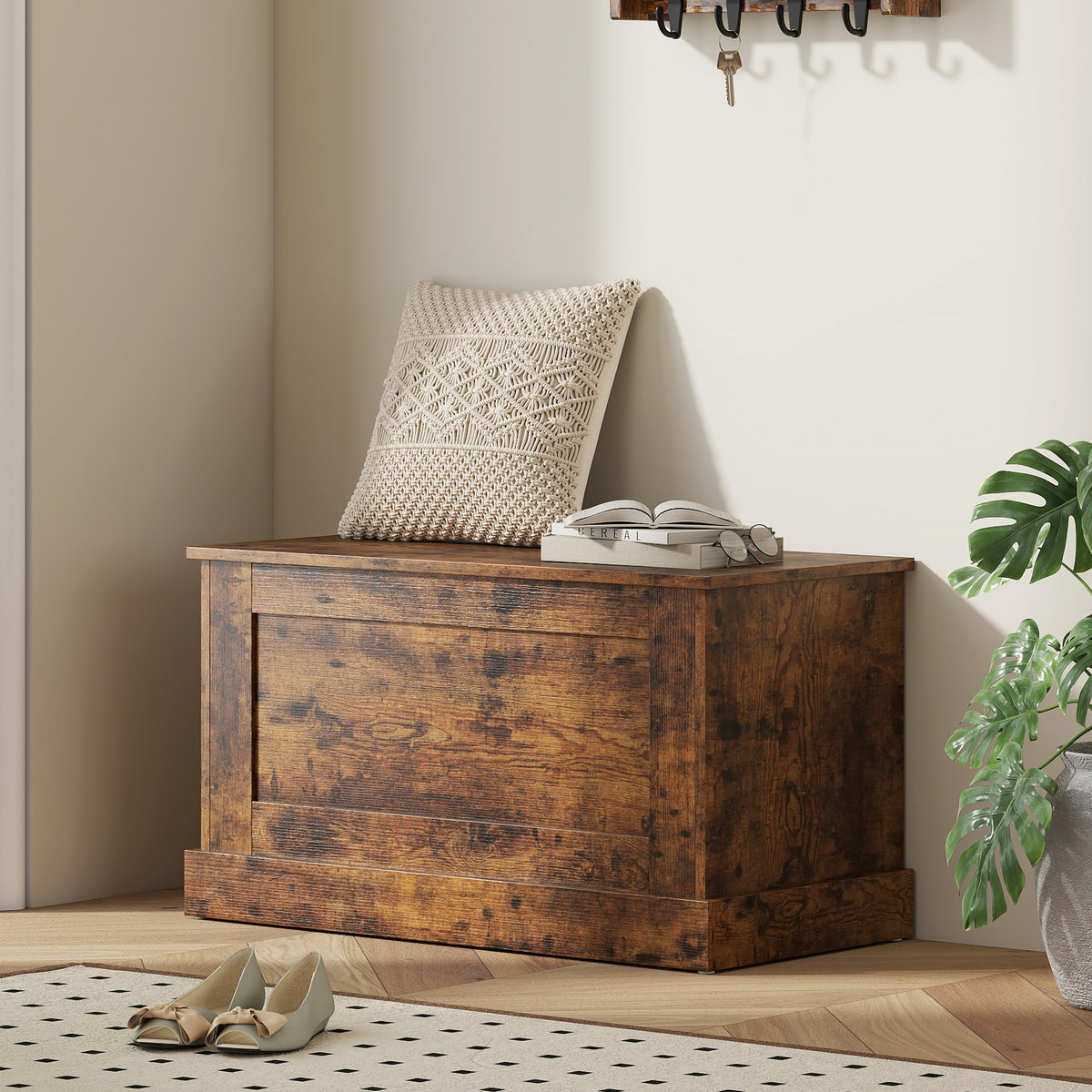 Coffre de rangement, coffre à jouets, avec charnière de sécurité, pour salon, en bois, 80 x 40 x 45 cm, brun rustique-1