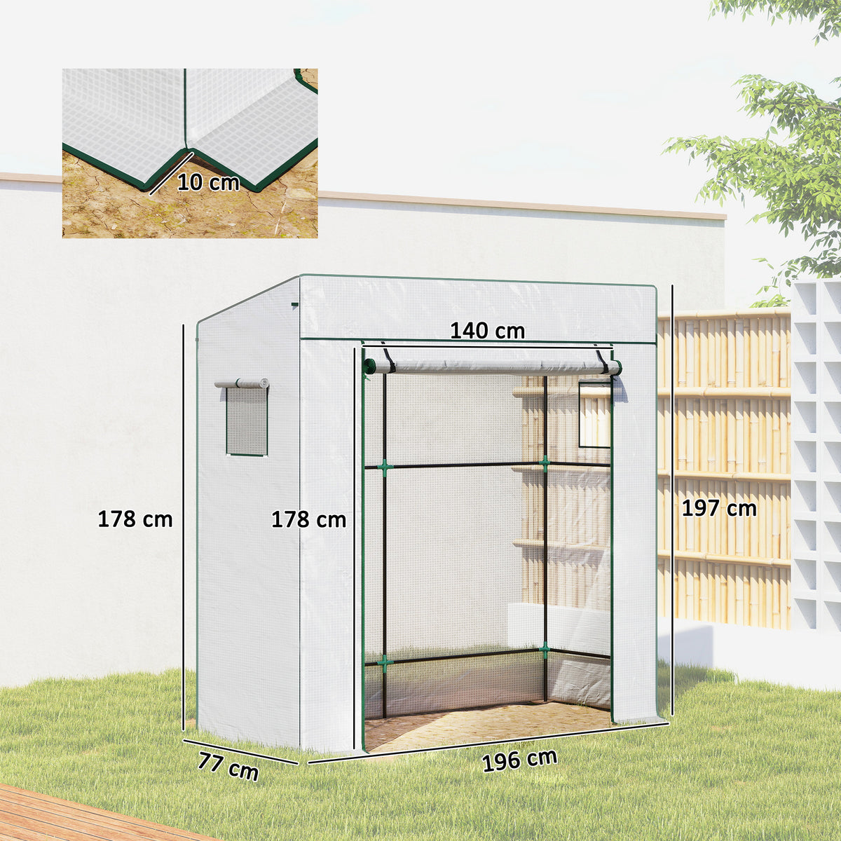 Serre de jardin murale adossée avec 1 porte enroulable, bâche PE renforcée, 2 fenêtres, dim. 196L x 77l x 197/178H cm-2