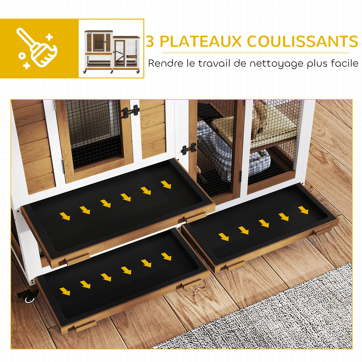 Clapier lapin intérieur cage lapin en bois design de luxe 3 niveaux avec 3 plateaux amovibles 110 x 50 x 86 cm marron-5