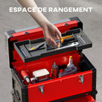 Lot de 3 boîtes à outils sur roulettes empilables et modulaires en acier avec plateau, poignées et serrure, rouge-4