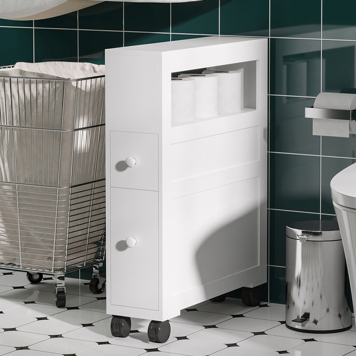 Meuble de rangement de salle de bain sur roulette armoire WC toilettes étagère ouverte 2 tiroirs 16 x 52 x 71,5 cm blanc-8