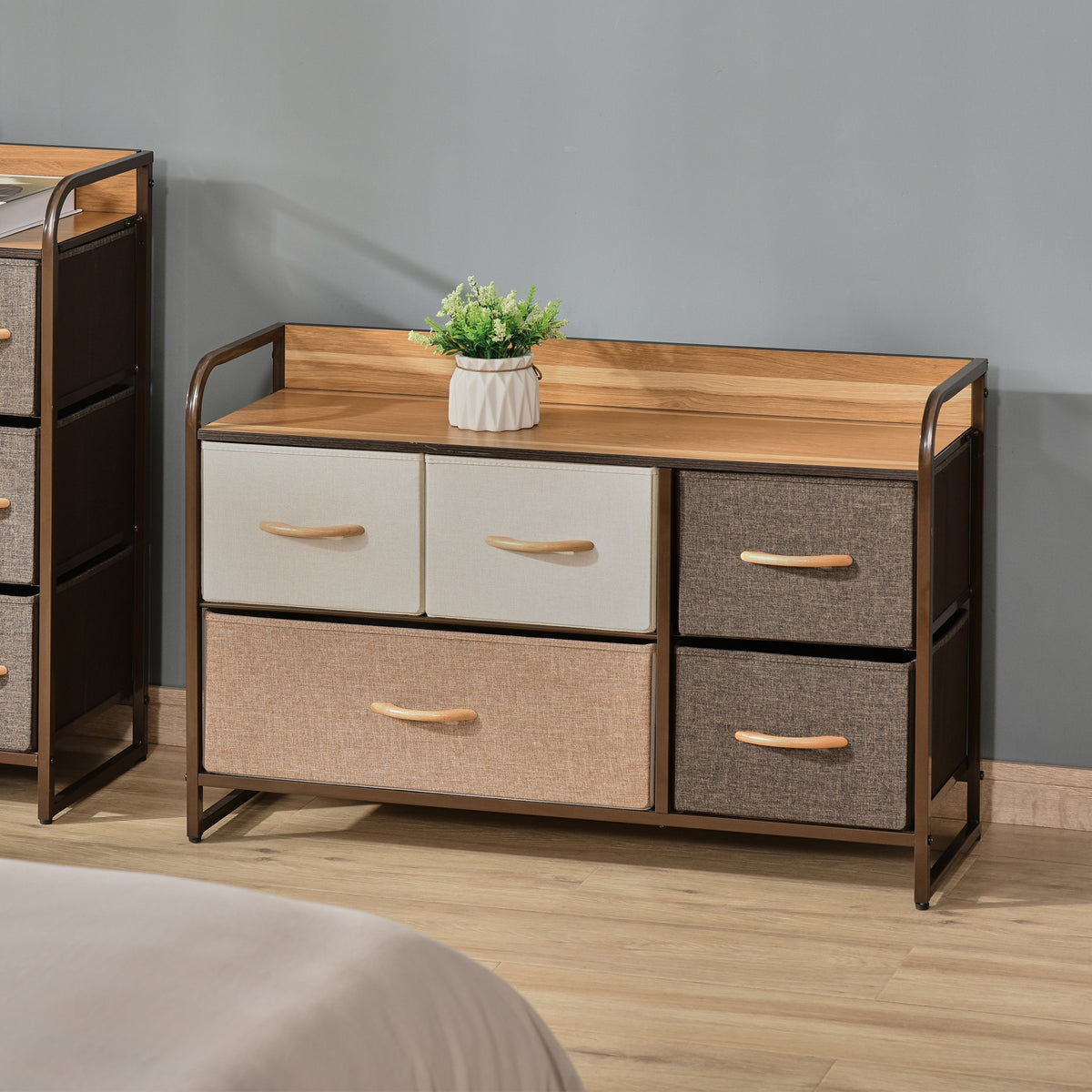Commode Meuble de Rangement 5 tiroirs en Tissu 87,5 x 29 x 58 cm Marron et Beige-1