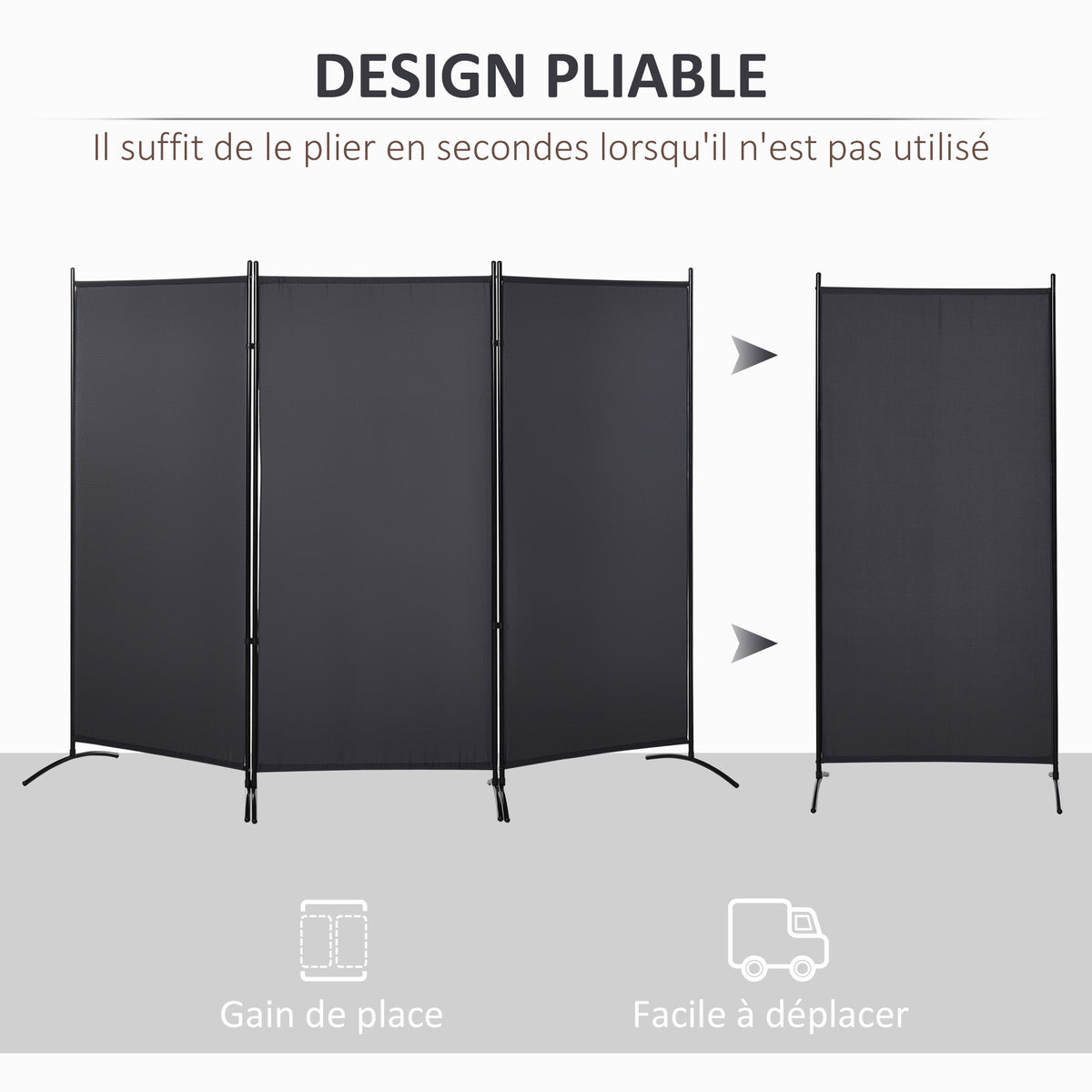 Paravent 3 panneaux dim. 2,53L x 0,5l x 1,82H m Store latéral Brise-Vue paravent sur Pied séparateur métal Polyester-3