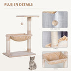 Arbre à chat 3 griffoirs grattoirs sisal naturel plateforme hamac et boule suspendue dim. 50L x 36l x 70H cm peluche courte beige-4