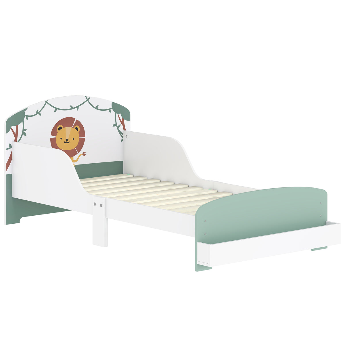Lit enfant 70 x 140 cm, lit pour enfant avec barriere de securite et sommier à lattes, espace de rangement, vert-0