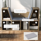 Bibliothèque Banc 2 en 1 Design Contemporain 6 casiers 3 Coussins fournis 102L x 30l x 61H cm Chêne Gris-5