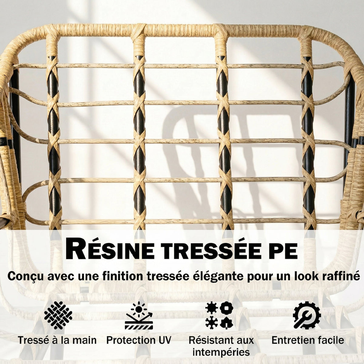 Salon de Jardin Extérieur 3 Pièces en Résine Tressée, Table en Verre Trempé, 2 Fauteuils avec Coussins, 62x73x79cm, Crème-5
