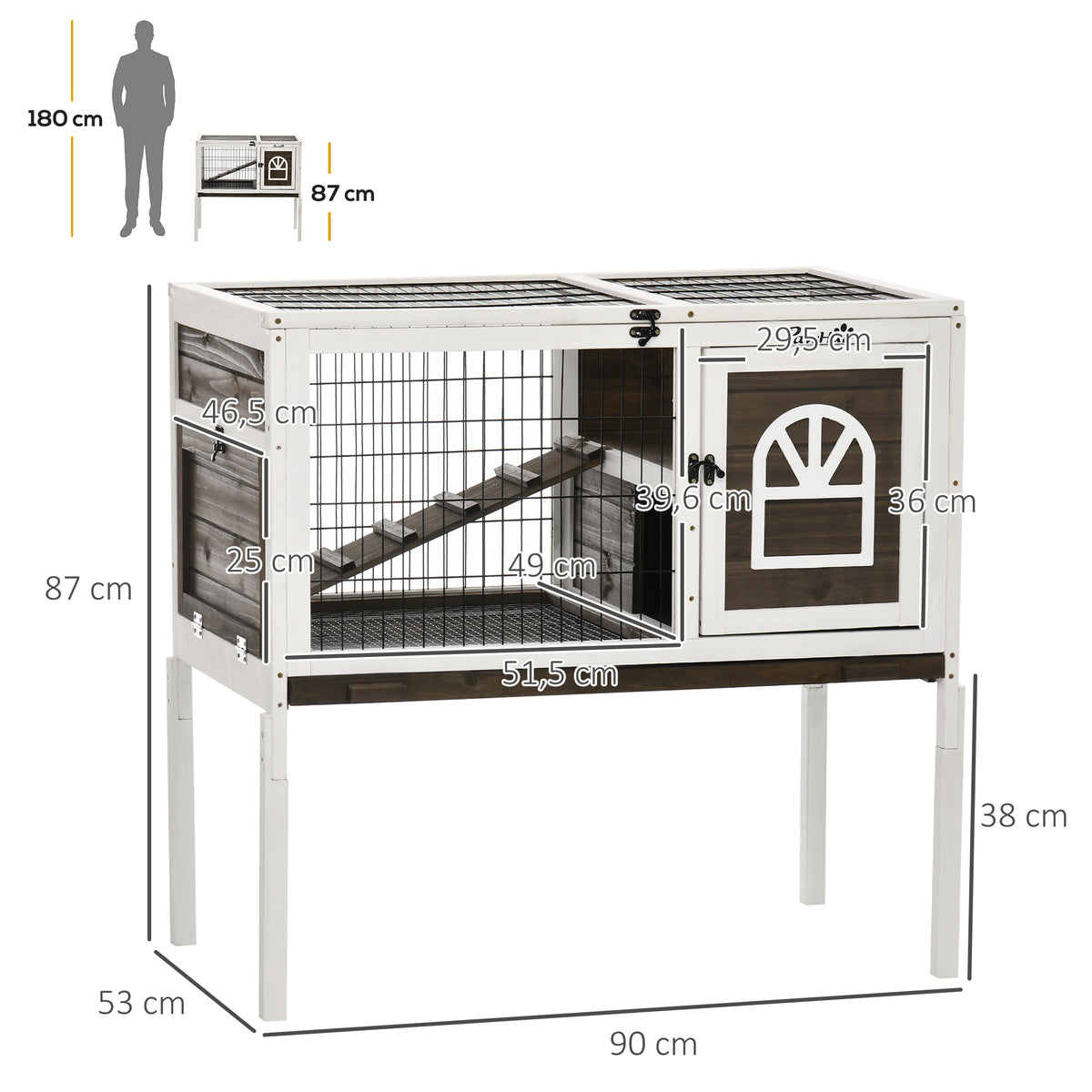 Clapier à lapins cage lapin intérieur, avec bac amovible, 2 portes verrouillables, échelle, 90 x 53 x 87 cm, café-2