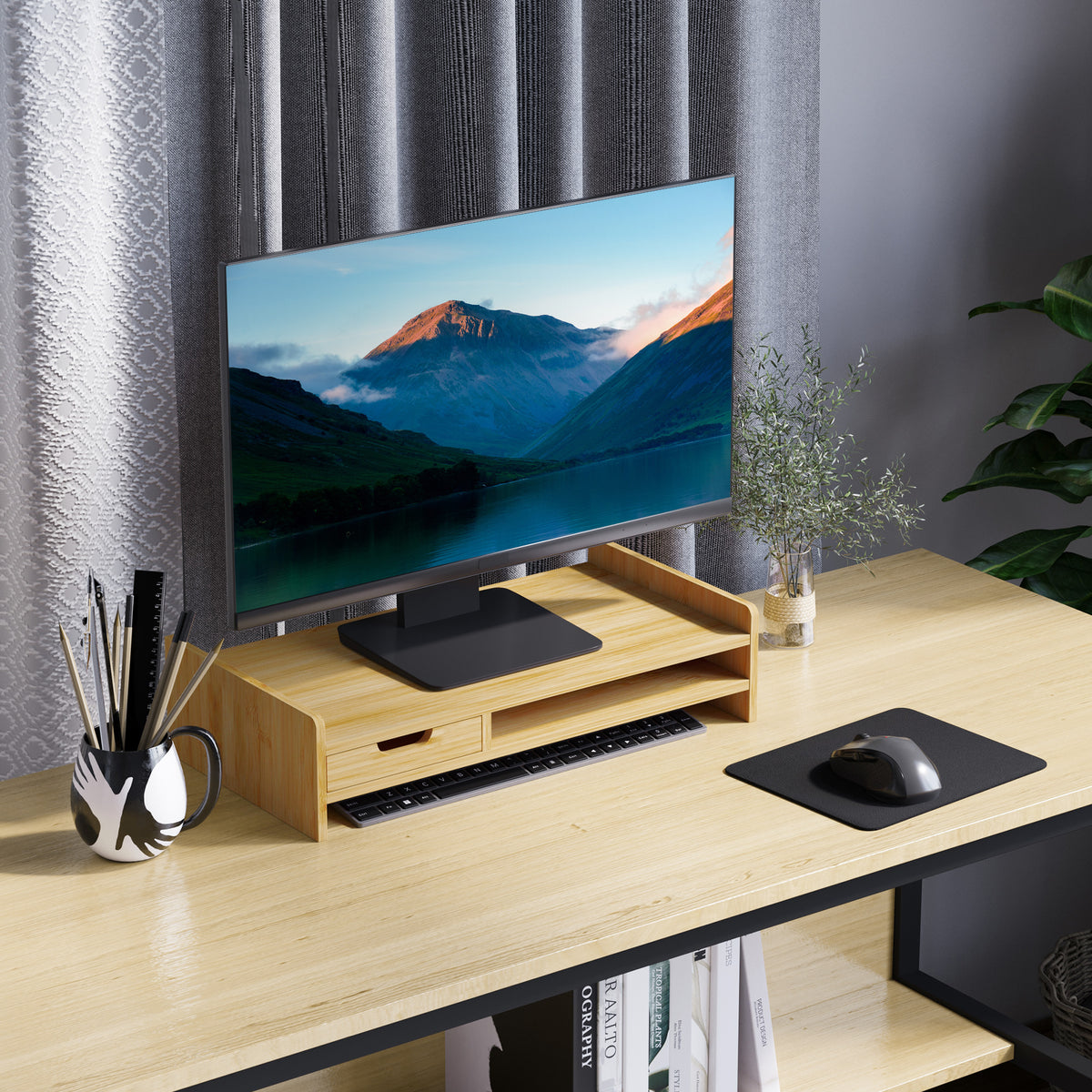 Support d'écran, Ordinateur portable Socle TV Ordinateur de bureau Organisateur avec tiroir Bambou-1