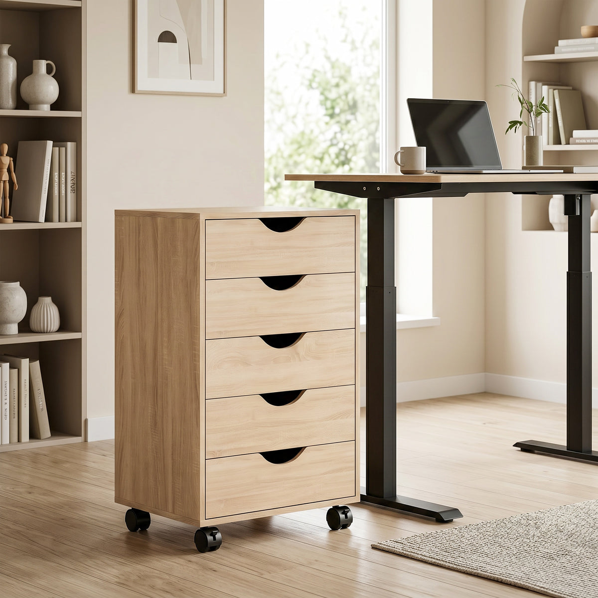 Caisson bureau mobile, meuble rangement sur roulettes avec 5 tiroirs, bois, 40 x 40 x 68,5 cm, chêne-1