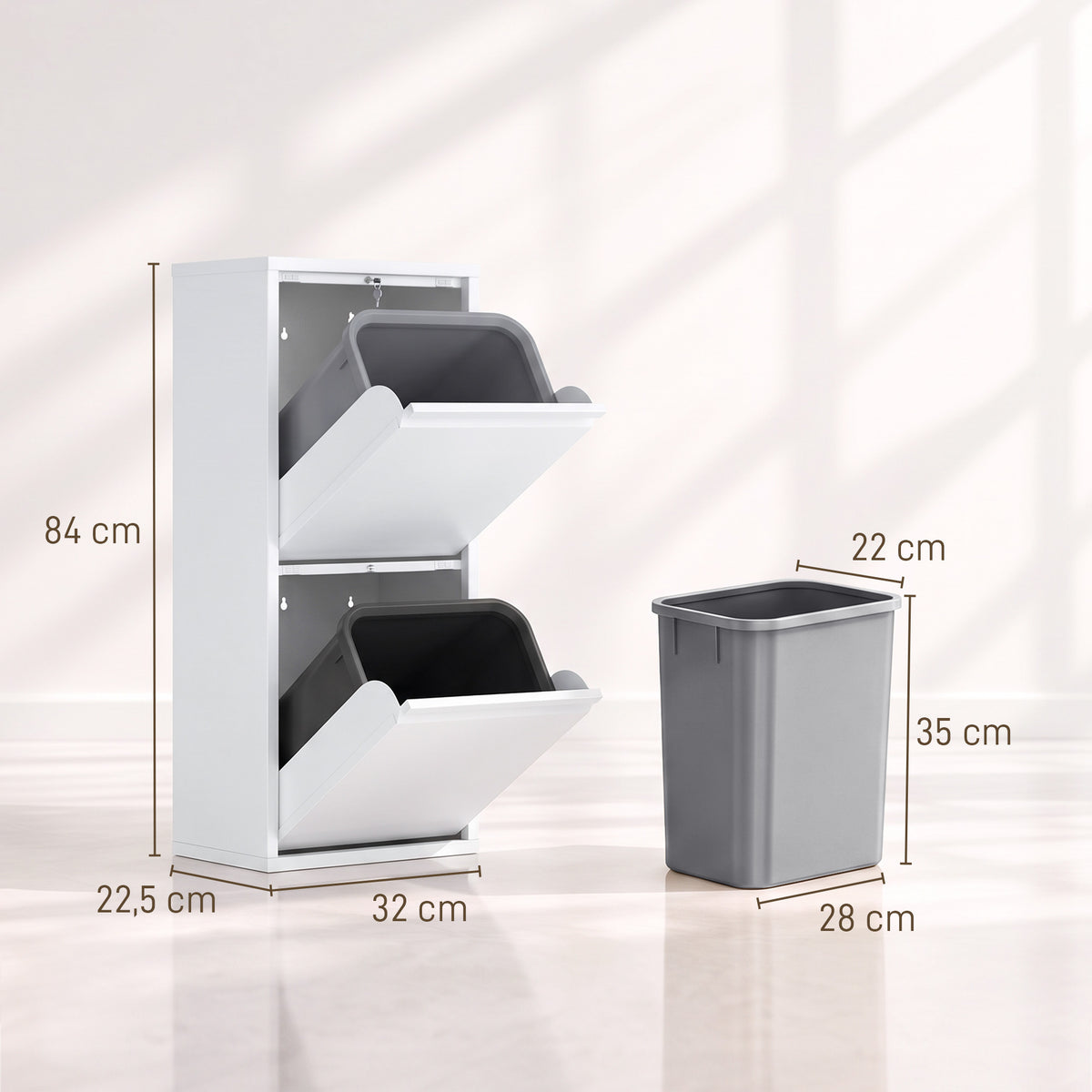 Meuble Poubelle de Tri Sélectif, Poubelle de Recyclage 30 L (2 x 15 L) avec 2 Compartiments, Fermeture Douce, Blanc-2