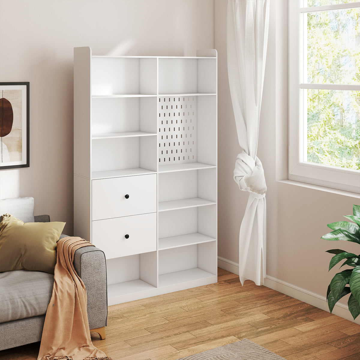 Bibliothèque, Étagère 6 Niveaux, 120 x 30 x 200 cm, Meuble de Rangement avec 2 Tiroirs et Panneau Perforé, Blanc-1