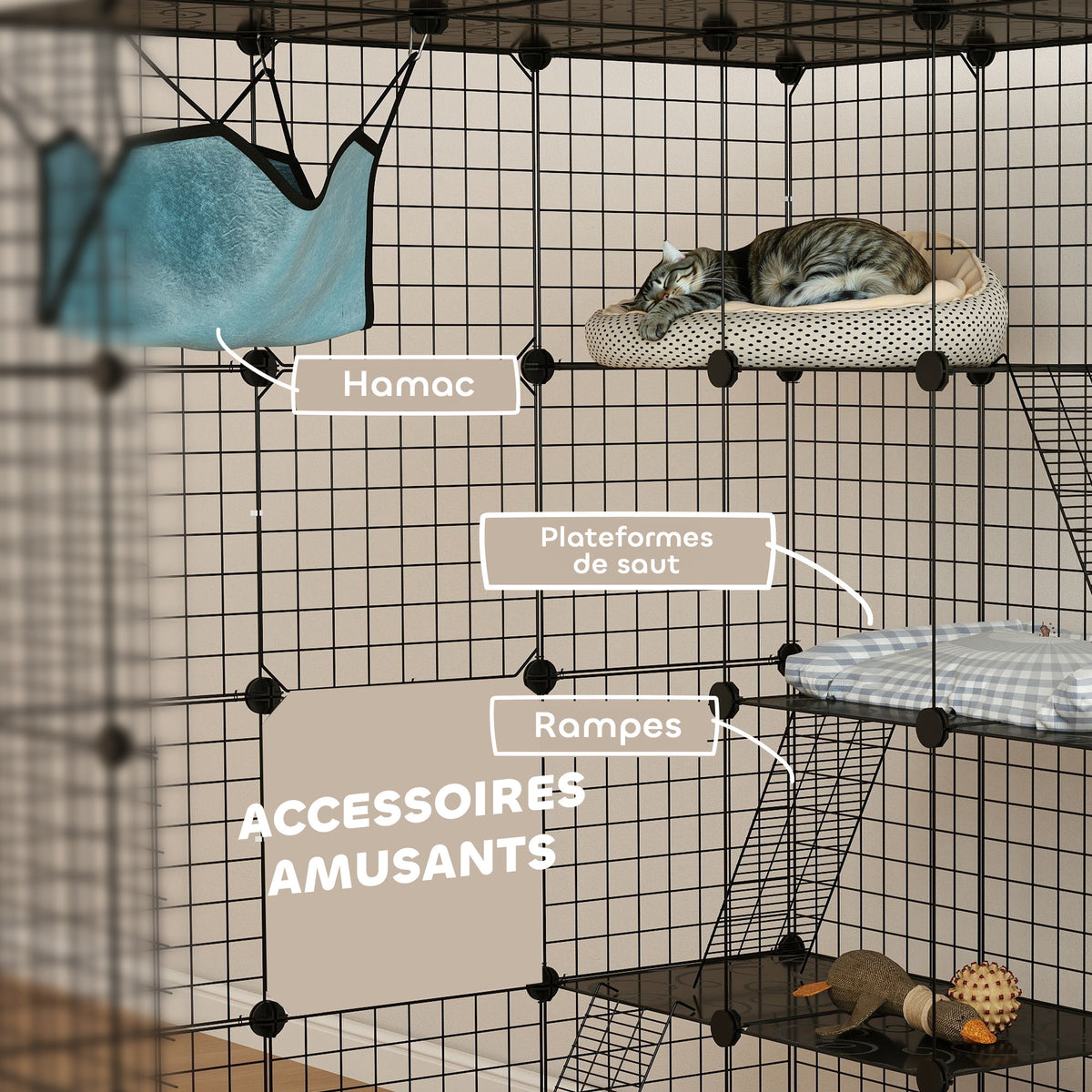 Clôture pour animaux domestiques lapin enclos intérieur 4 niveaux modulable panneaux grillagés 105 x 105 x 140 cm noir-6