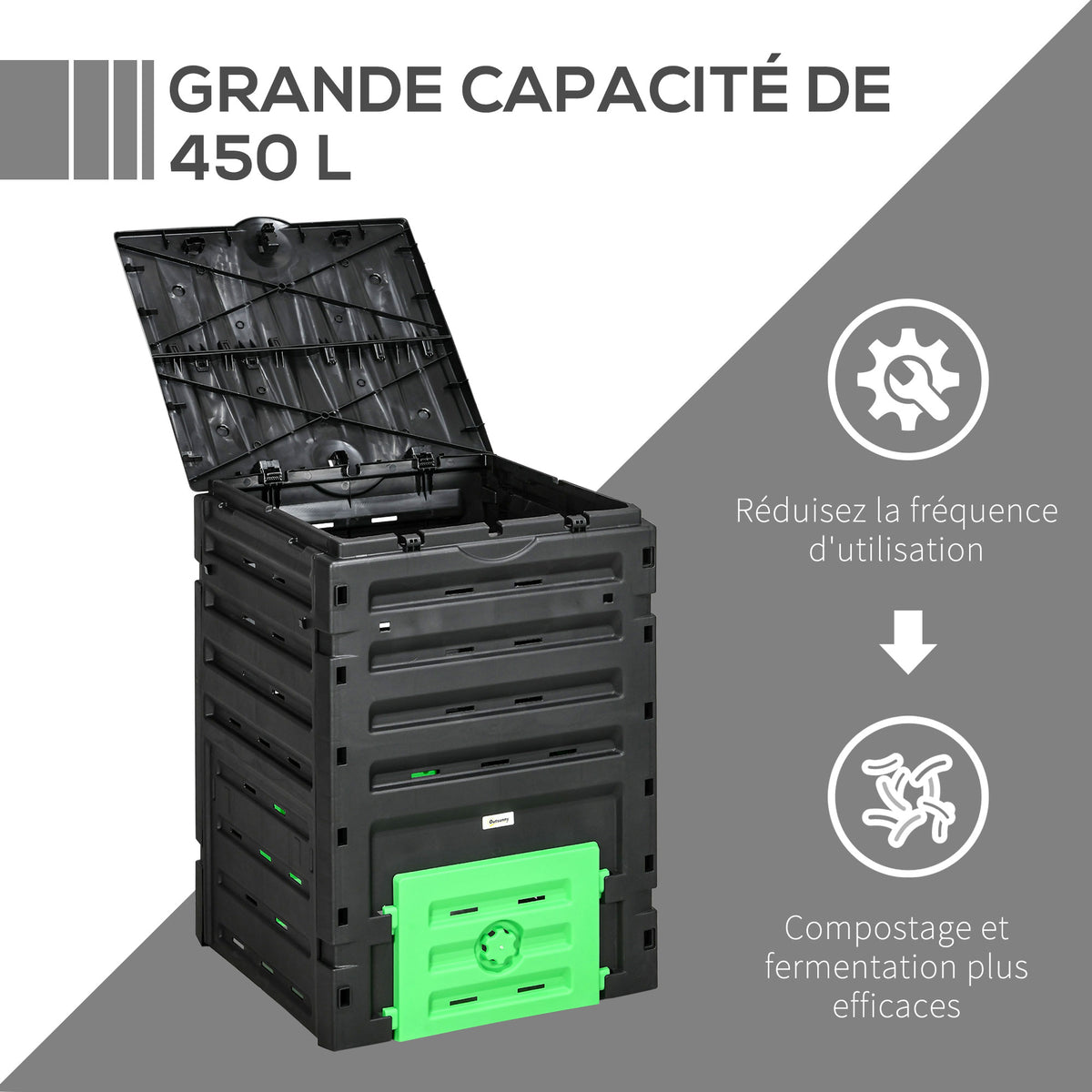 Composteur de jardin 450 L, bac composteur pour jardin, 80 aérations et 2 portes coulissantes, 69 x 71 x 103 cm, noir-3