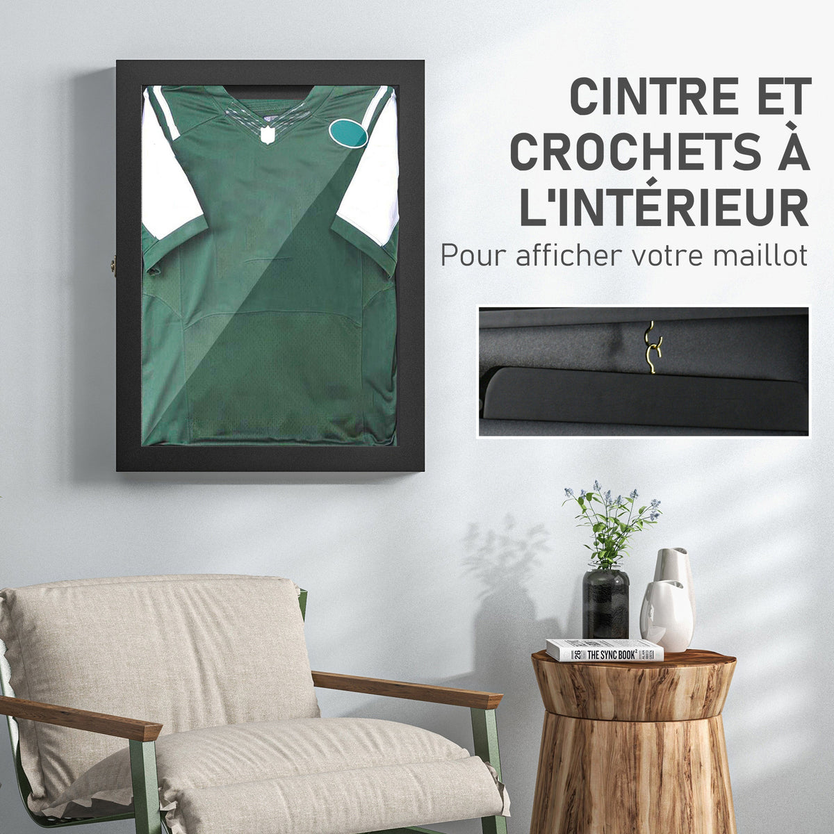 Frame box T-frame cadre pour maillot porte acrylique doublure interne feutre 71 x 6,5 x 89 cm noir-4
