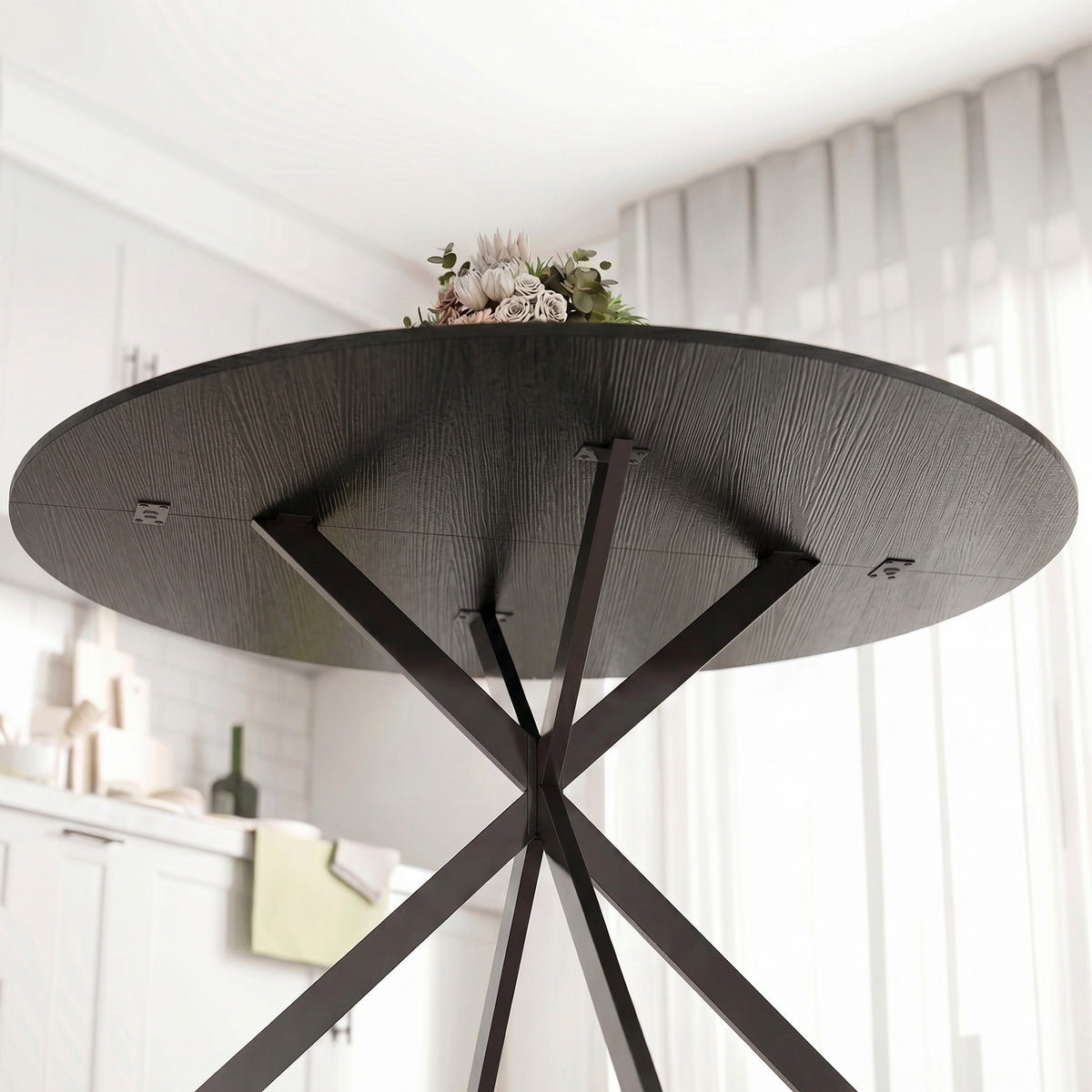 Table à Manger Ronde pour 4 Personnes 100 cm, Style Industriel avec Plateau Aspect Bois, Piètement Croisé en Acier, Noir-8