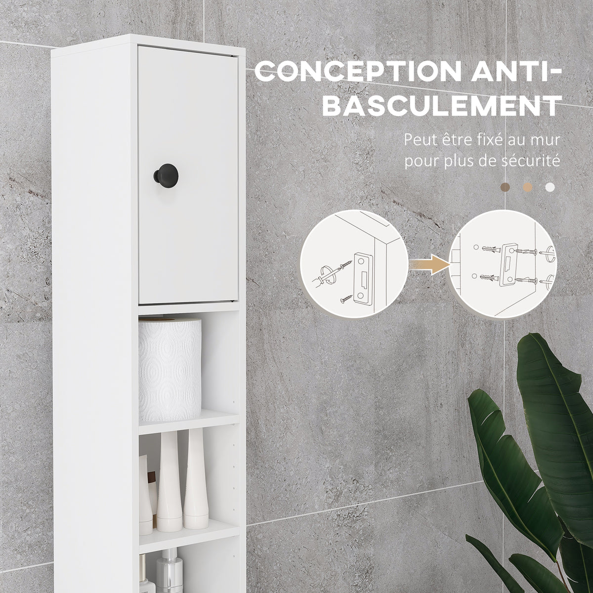 Colonne de rangement armoire haute pour salle de bain 1 tiroir 4 étagères réglables et 2 placards 20 x 20 x 180 cm blanc-4